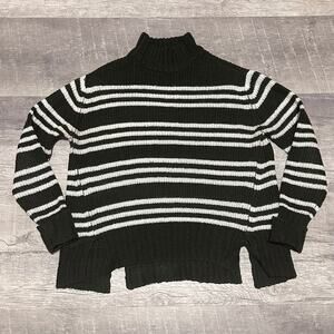 MTLA Mock Neck Striped Knit Sweater Women M Olive Green White Split High Low Hem